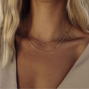 14k Gold Plated 2pc Beaded Layered Necklace Set – Elegant Double Chain